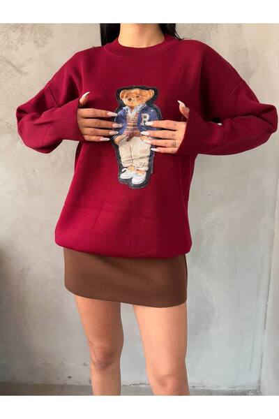 sportiness Embroidered Oversized Bear Bearing Stricked Sweater