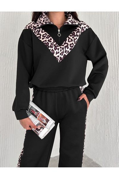 Velista Leopard Garnish Straight Neck Zip Scuba Fabric Tracksuit Suit