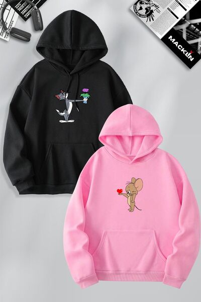 Tarzsokak Sevgili Çift Kombin Çiçekli Tom Ve Jerry Baskılı Özel Tasarım Kapüş...