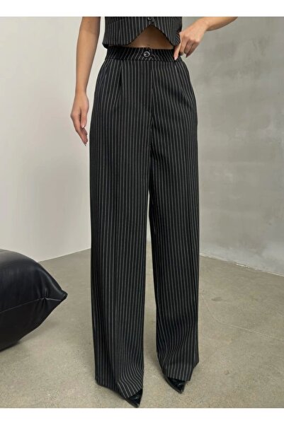 asfamoda Kadın Çizgili Siyah Tam Kalıp Bel Oturtmalı Yüksek Bel Geniş Paça Pa...