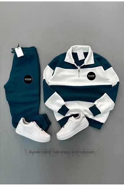 woonkey New Season Unisex Thick Striped Cotton Tracksuit Set - Half Zipper, 3 Thread