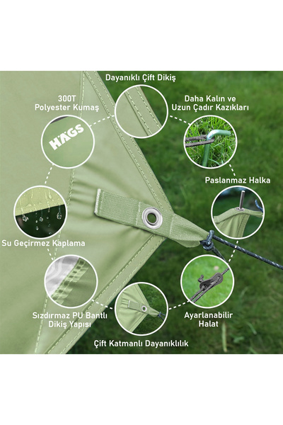 HAEGS Su Geçirmez Tarp Gölgelik Örtü,yağmurluk Gölgelik Güneşilk 300x300 Cm - Yeşil