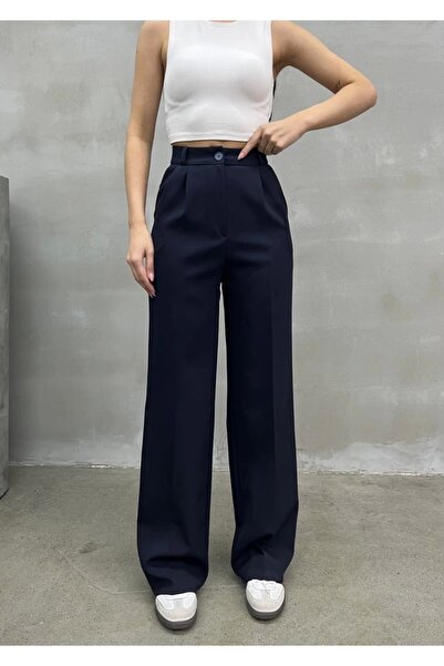 asfamoda Pantaloni Palazzon cu talie înaltă, albastru bleumarin, cu talie înaltă