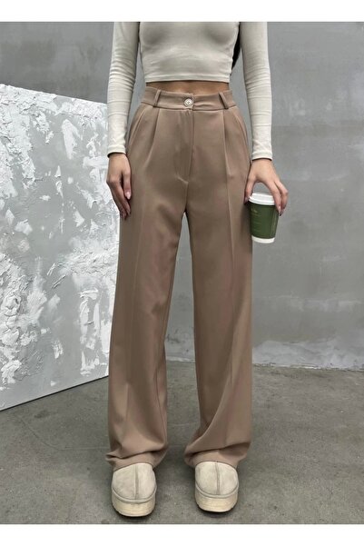 asfamoda Kadın Vizon Tam Kalıp Bel Oturtmalı Yüksek Bel Geniş Paça Palazzon P...