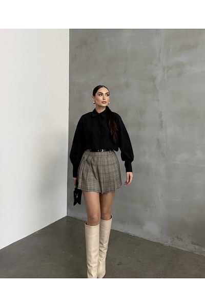Asfa Moda Pantaloni scurți căptușiți în carouri gri pentru femei, cu fustă mini scurtă plisată cu centură