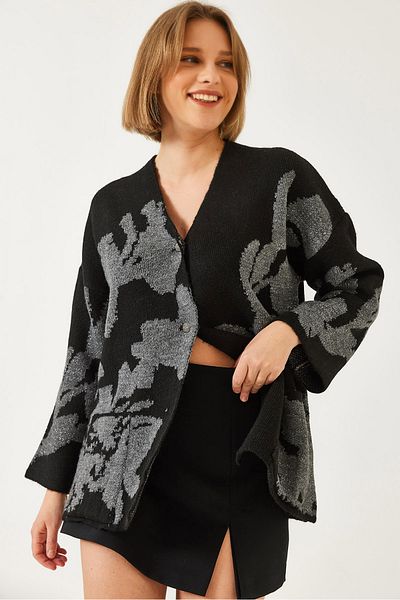 Bianco Lucci Women's Leaf Patterned Glitter Knitwear Cardigan 241142 60261320