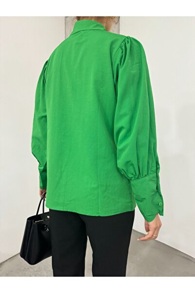 Modamorfo Rejtett gombos ballon ujjú sima ing -zöld