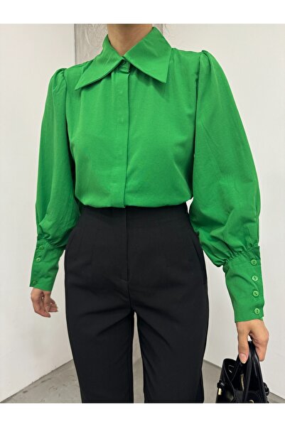 Modamorfo Rejtett gombos ballon ujjú sima ing -zöld