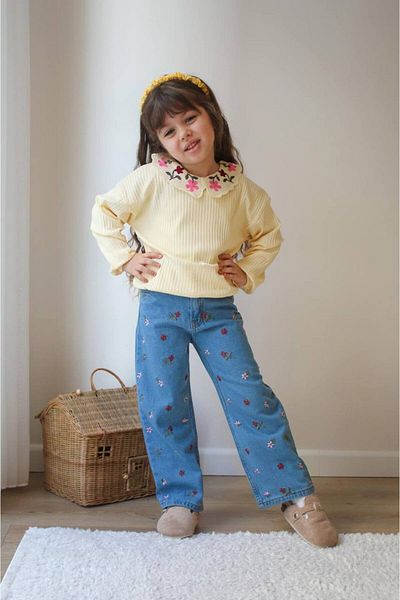 H&Z KİDS Girl's Baby Collar Bluz and Flowers Jeans Denim Pants Style Kombin