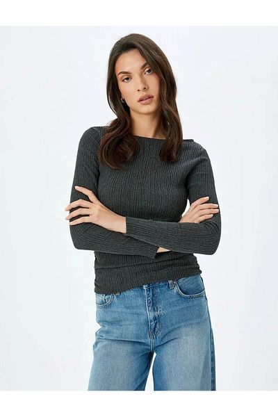 Koton Crew Neck Textured Slim Fit Anthracite Women's Long Sleeve T-Shirt 5Wak50277Ek