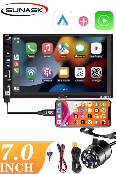 SUNASK شريط تلقائي Sn-9900bt مقاس 7 بوصات مع Carplay - بلوتوث، MP5، MP3، كاميرا وقوف السيارات USB مزدوجة
