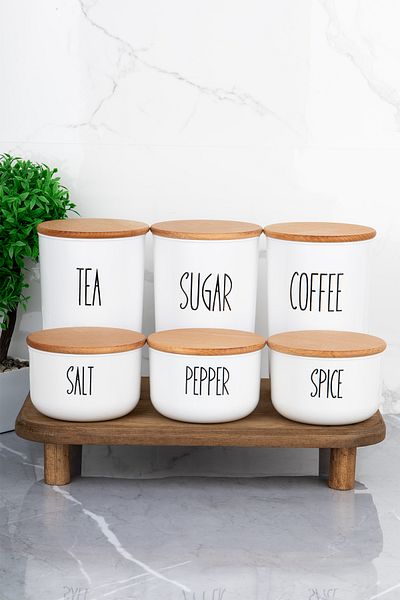 MODA OZY 3Pcs 900ml Wooden Lid Acrylic (Plastic) Tea/Coffee/Sugar 3Pcs 400 ml Salt/Pepper/Spice Set (with Stand)