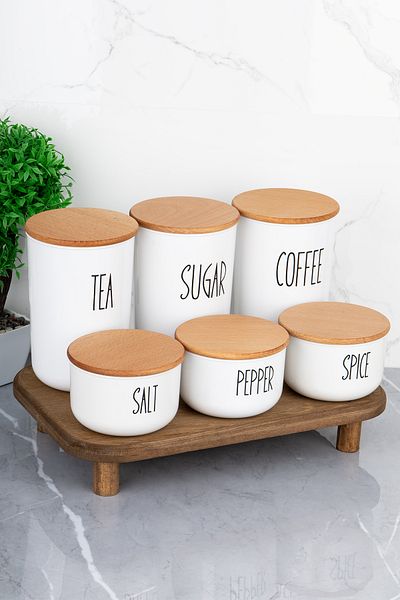MODA OZY 3Pcs 900ml Wooden Lid Acrylic (Plastic) Tea/Coffee/Sugar 3Pcs 400 ml Salt/Pepper/Spice Set (with Stand)