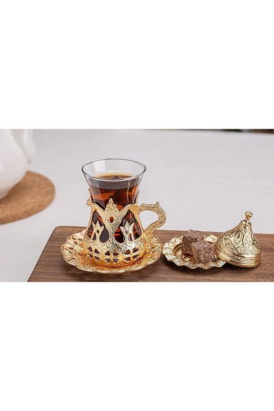 KT HOME Ottoman Metal Tea Cup Set with Spoon - Traditional Turkish 6 Pieces Zemzem Fır