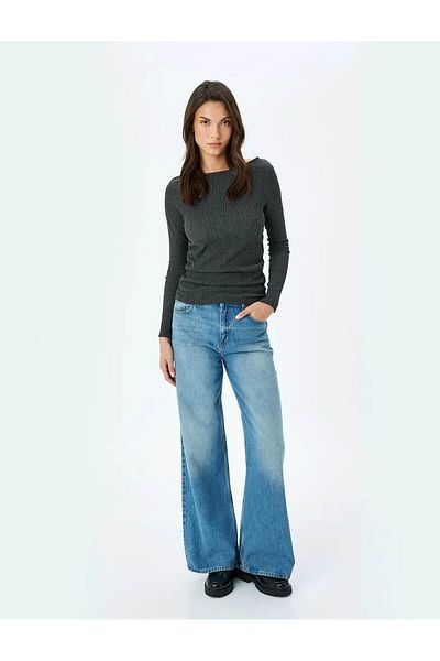 Koton Crew Neck Textured Slim Fit Anthracite Women's Long Sleeve T-Shirt 5Wak50277Ek