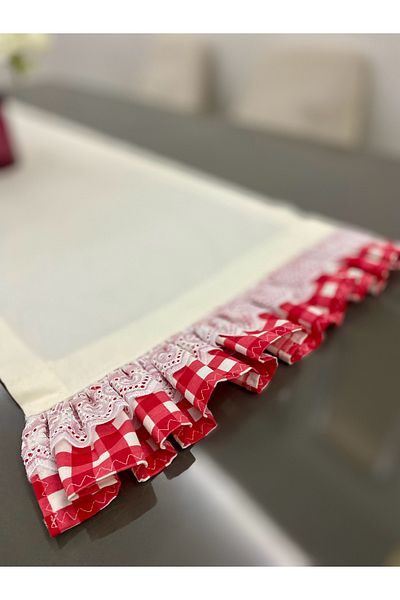Parla Life Κρεμ Χρώμα Κόκκινο βολάν Duck Linen Runner (προσαρμοσμένο μέγεθος και χρώμα)