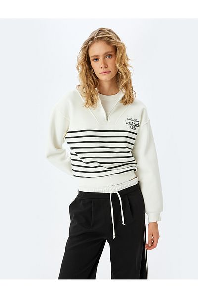 Koton Cotton Blended Stand Collar Striped Half Zipper Sweatshirt