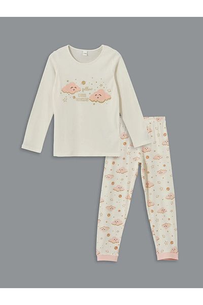 LC Waikiki Lcw Kids Ecru Crew Neck Girls Pajamas Set