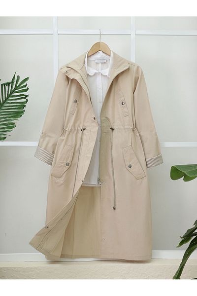 Modamorfo Organic Koton Trench Coat - με κορδόνια τούνελ, λεπτομέρεια στο επάνω μέρος της τσέπης, χωρίς επένδυση και πλύσιμο