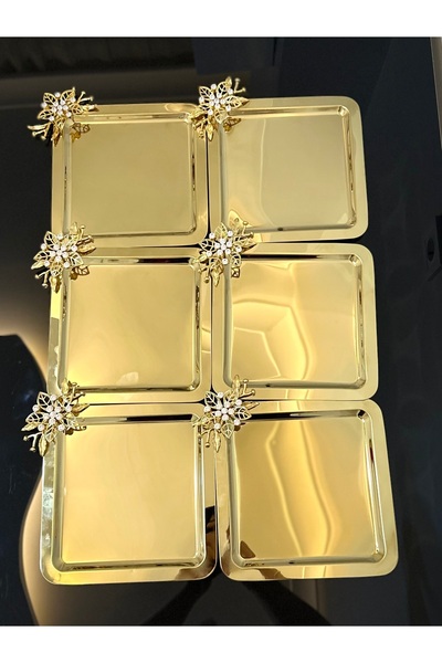 USD HOME 6 lı taşlı çift dal papatya model gold kare kahve çay sunum servis tepsisi
