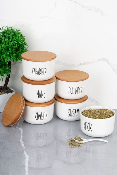 MODA OZY Set of 6 400ml Vacuum Wooden Lid Acrylic Spice Shakers with Transparent Spoon Gift
