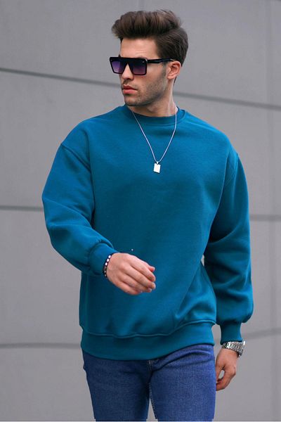 Madmext Petrol Blue Crew Neck Oversize Raised Basic Men's Sweatshirt 6048