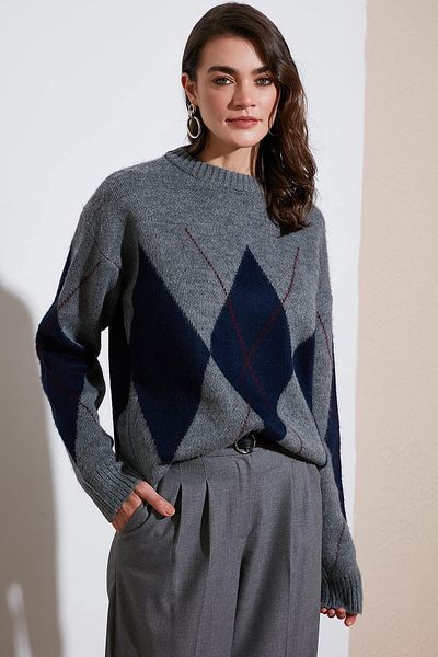 Lela Pulover cu decolteu rotund cu model Argyle 4615574