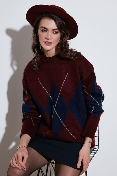 Lela Diamond Patterned Standard Fit Crew Neck Sweater Pullover 4615574