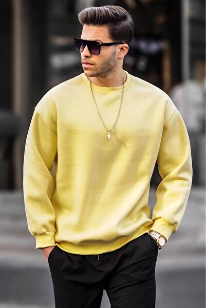 Madmext Yellow Crew Neck Oversize Ribbed Basic Men's Sweatshirt 6048