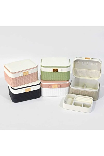 as alpa store 2-Layer Knitted Patterned Bow Jewelry Box Jewelry Organizer Clasp Necklace Earrings Accessory Organizer