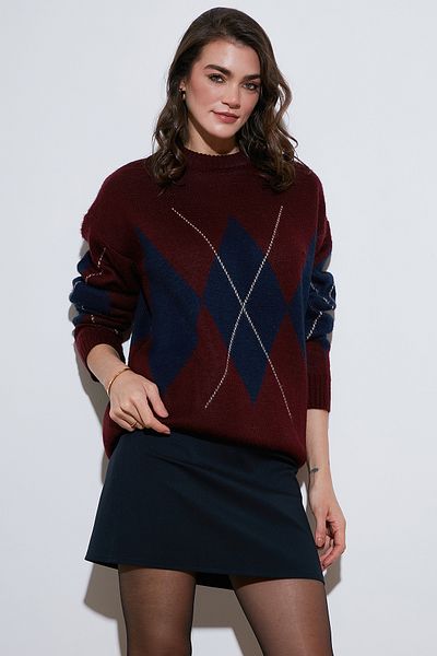 Lela Diamond Patterned Standard Fit Crew Neck Sweater Pullover 4615574
