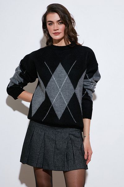Lela Diamond Patterned Standard Fit Crew Neck Sweater Pullover 4615574
