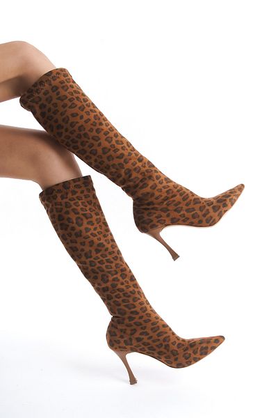 NITU Shoes Cizme elastice cu toc înalt din piele intoarsa cu model leopard