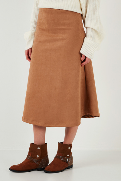 Lela Streç Regular Fit Yüksek Bel Midi Boy Süet Çan Etek ETEK 5866180