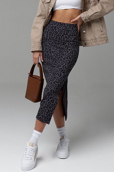 Moije Women's Leopard Patterned Black Anthracite Slit Midi Skirt