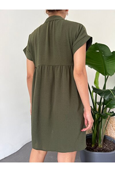 Modamorfo Khaki Color V-Neck Scalloped Ayrobin Dress