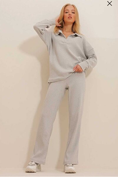 BİGÜMEX Set de tricotaje pentru femei, negru, cu gât polo și pantaloni Palazzon