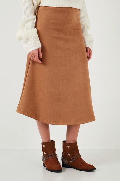 Lela Stretch Regular Fit High Waist Midi Length Suede Bell Skirt Skirt 5866180
