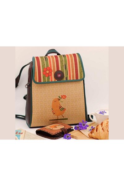 HOODİEMOUSE Bird Figured Covered Backpack Brown, Wallet Tan Ethnic Bohemian Style Combination