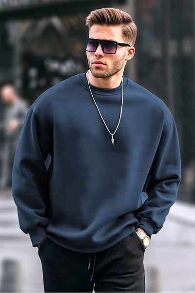 Madmext Navy Blue Crew Neck Oversize Basic férfi pulóver 6048