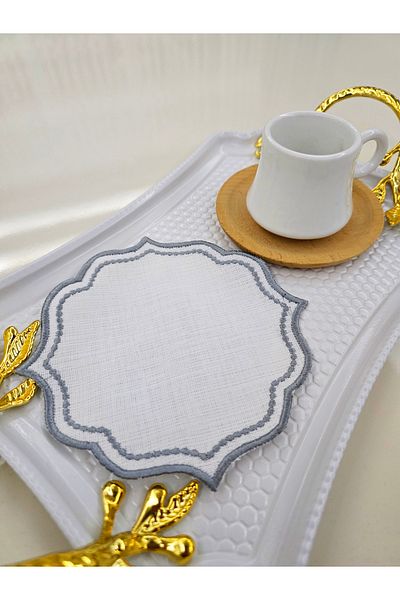 AYNAKIŞÇEYİZ 6 Pieces Linen Fabric Snap Pattern Embroidered Coffee Side Cocktail Napkin & Coasters