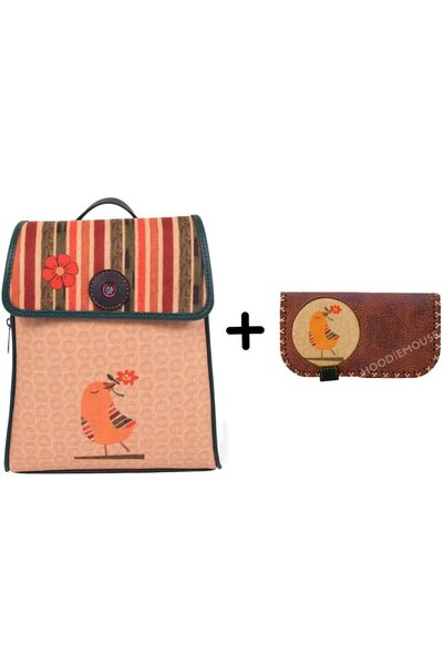 HOODİEMOUSE Kus Figured Covered Backpack Ethnic Bohemian Style Wallet Combina...