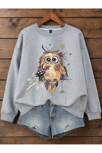 PALPİTO Dámská mikina oversize s potiskem sovy v šedé barvě