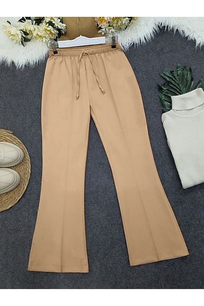 Modamorfo Flared Leg Trousers - Light Mink with Lacing Detail and Elastic Waist