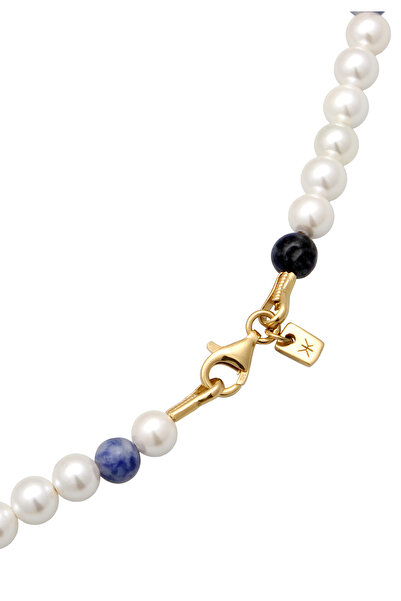 KUZZOI Halskette Herrenperlen mit Muschelkernperlen und blauem Achat in 925 Sterling Silber vergoldet