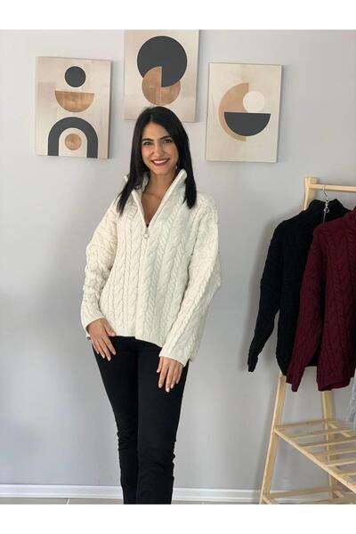 YusGos Oversize Wide Fit Half Zipper Stand Collar Hair Braided Knitwear Sweater (Cream)