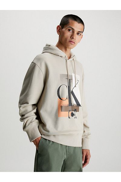 Calvin Klein Men's Hooded Collar Zippered Long Sleeve Beige Sweatshirt J30J324310-PAD