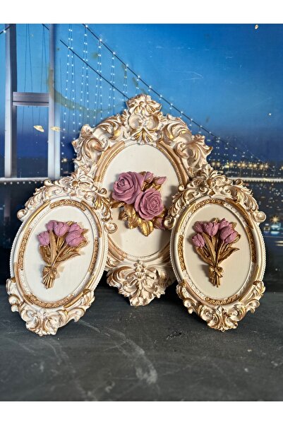 busraconcept Çiçekli dekoratif duvar tablo 3lü set krem tablo 3lü set