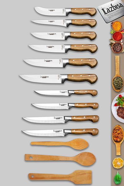 LAZBİSA Hand Craft Series - Kitchen Knife and Montessev Wooden Wooden Spoon Set (13 Pieces)