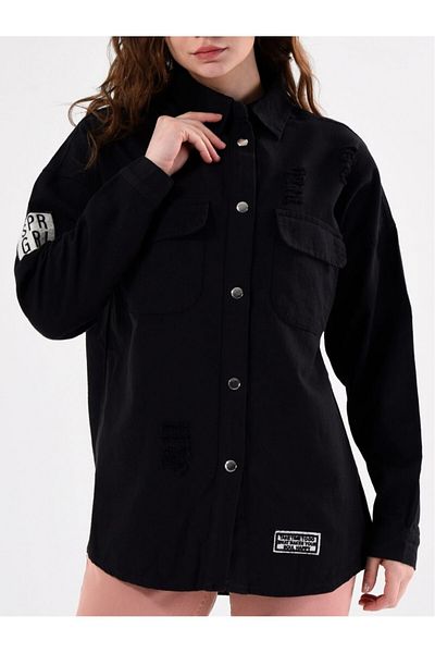 Modamorfo Jeansjacke mit Druckknopfverschluss und doppelter Tasche – Schwarz